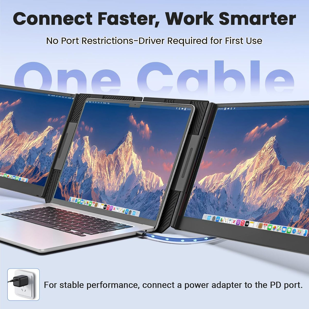 One Cable Laptop Screen Extender, 15.6” Ultra-Slim Triple Portable Monitor, 1080P FHD IPS Display, USB-C/A Connection, Travel Monitor for 13–17.3" Laptops, for Mac/Win/Android (Driver Required)