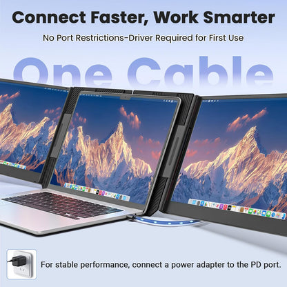 One Cable Laptop Screen Extender, 15.6” Ultra-Slim Triple Portable Monitor, 1080P FHD IPS Display, USB-C/A Connection, Travel Monitor for 13–17.3" Laptops, for Mac/Win/Android (Driver Required)