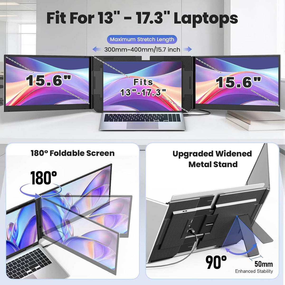 One Cable Laptop Screen Extender, 15.6” Ultra-Slim Triple Portable Monitor, 1080P FHD IPS Display, USB-C/A Connection, Travel Monitor for 13–17.3" Laptops, for Mac/Win/Android (Driver Required)