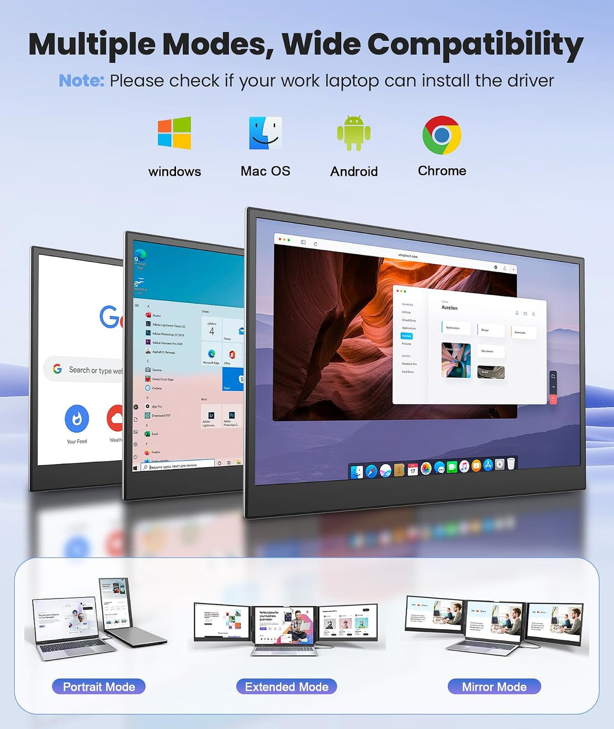 One Cable Laptop Screen Extender, 15.6” Ultra-Slim Triple Portable Monitor, 1080P FHD IPS Display, USB-C/A Connection, Travel Monitor for 13–17.3" Laptops, for Mac/Win/Android (Driver Required)