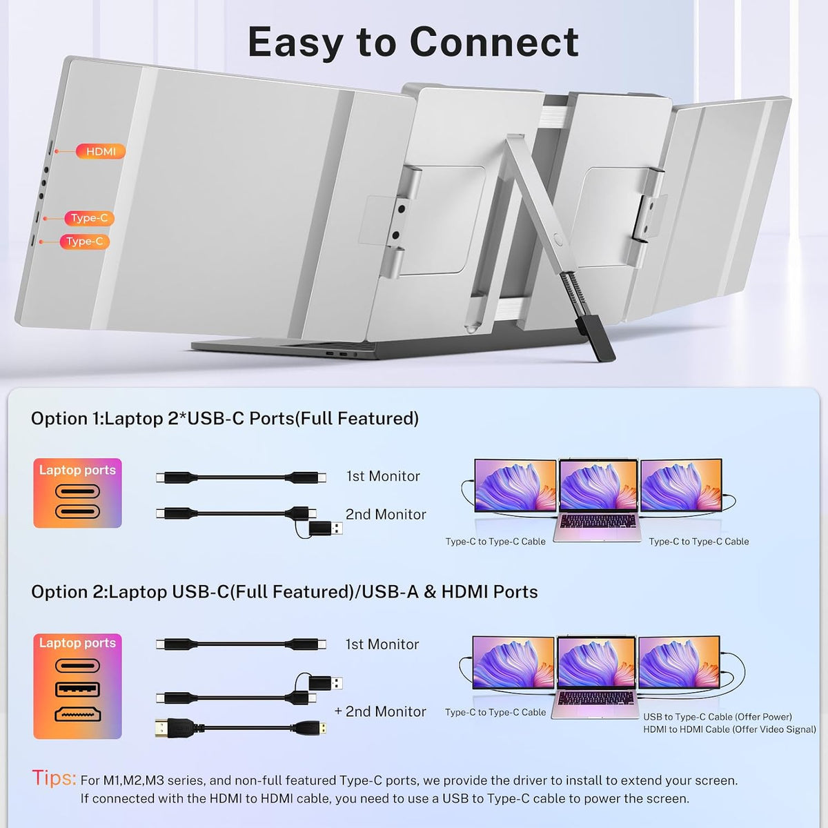 Triple Screen Laptop Monitor Extender - 2.5K QHD IPS Triple Portable Monitor for Laptop 13.3-17 Inch, Plug Play and Compatible with Macos/Wins/Chrome/Dex (Silver)