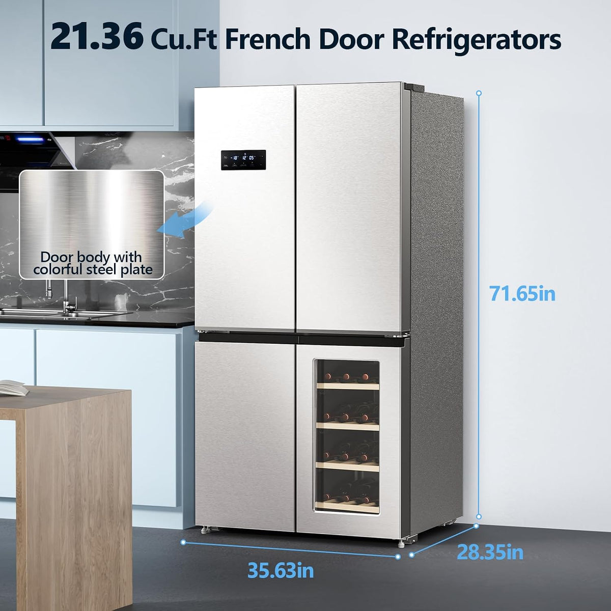 21.36 Cu.Ft French Door Refrigerators with Bottom Freezer, Wine Cabinet, Adjustable Shelving, Counter Depth Smart Refrigerator with Touchscreen for Kitchen Home