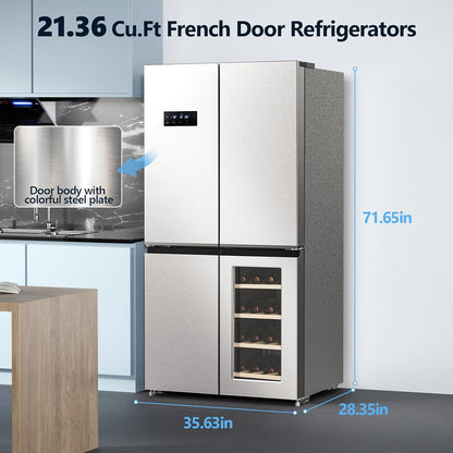 21.36 Cu.Ft French Door Refrigerators with Bottom Freezer, Wine Cabinet, Adjustable Shelving, Counter Depth Smart Refrigerator with Touchscreen for Kitchen Home