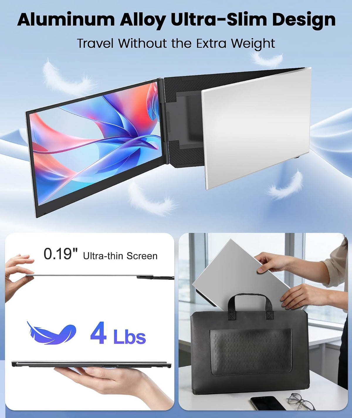 One Cable Laptop Screen Extender, 15.6” Ultra-Slim Triple Portable Monitor, 1080P FHD IPS Display, USB-C/A Connection, Travel Monitor for 13–17.3" Laptops, for Mac/Win/Android (Driver Required)