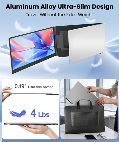 One Cable Laptop Screen Extender, 15.6” Ultra-Slim Triple Portable Monitor, 1080P FHD IPS Display, USB-C/A Connection, Travel Monitor for 13–17.3" Laptops, for Mac/Win/Android (Driver Required)