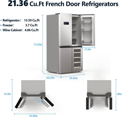 21.36 Cu.Ft French Door Refrigerators with Bottom Freezer, Wine Cabinet, Adjustable Shelving, Counter Depth Smart Refrigerator with Touchscreen for Kitchen Home
